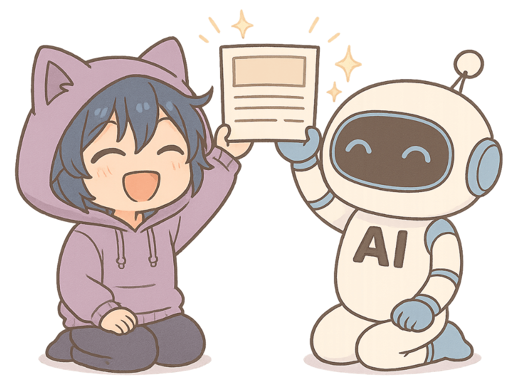 AIと人が協力して成果を生み出した状態を表現した図。共創の達成を象徴するイメージ。