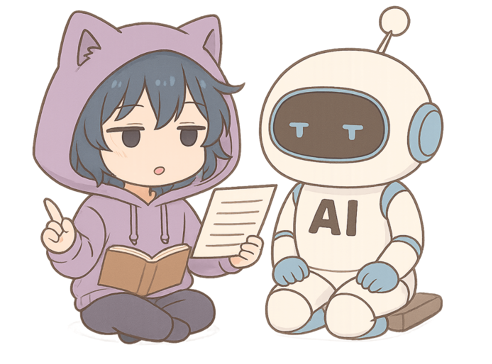 AIの出力結果を確認し、自分の視点で判断している人を描いた図。AIの提案を活用している様子。