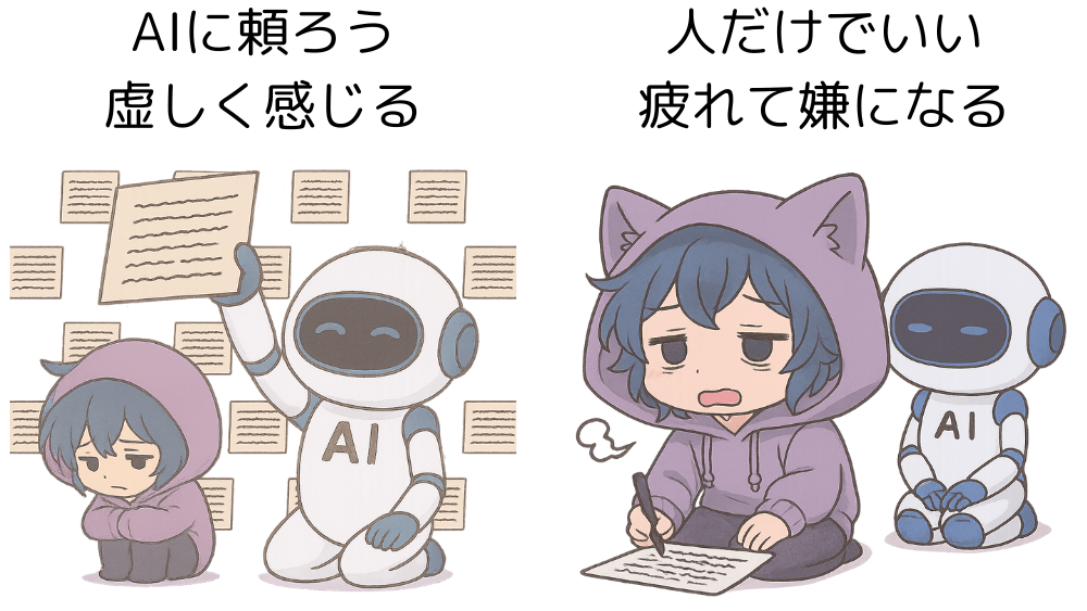 AIとの付き合い方の思考パターンを表現した画像